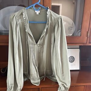 J. Crew Factory Sage Green Pintuck Ruffle V-Neck Blouse